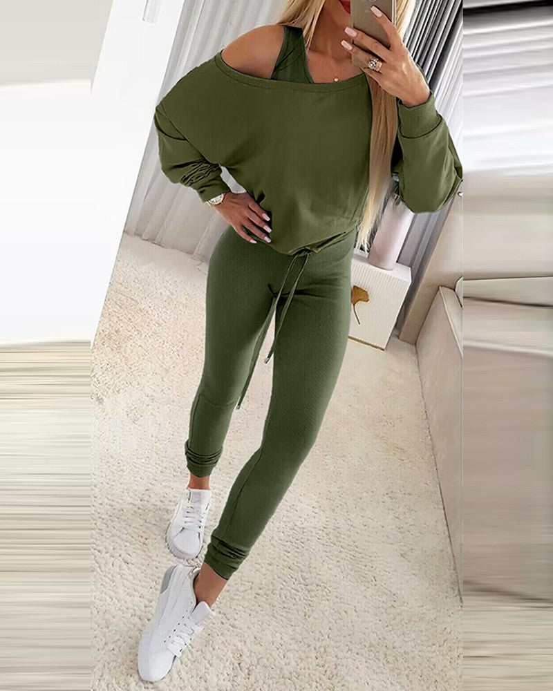 3 Piece Ribbed Tank Top and Crewneck Long Sleeve Tops High Waist Pants Tracksuit