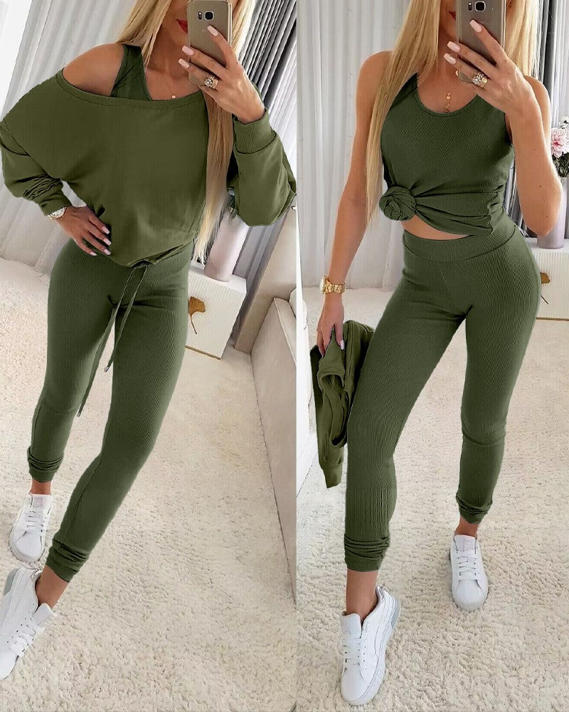 3 Piece Ribbed Tank Top and Crewneck Long Sleeve Tops High Waist Pants Tracksuit