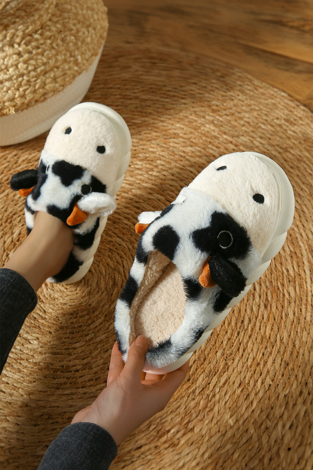 White Cute Cow Thick Sole Plush Thermal Home Slippers