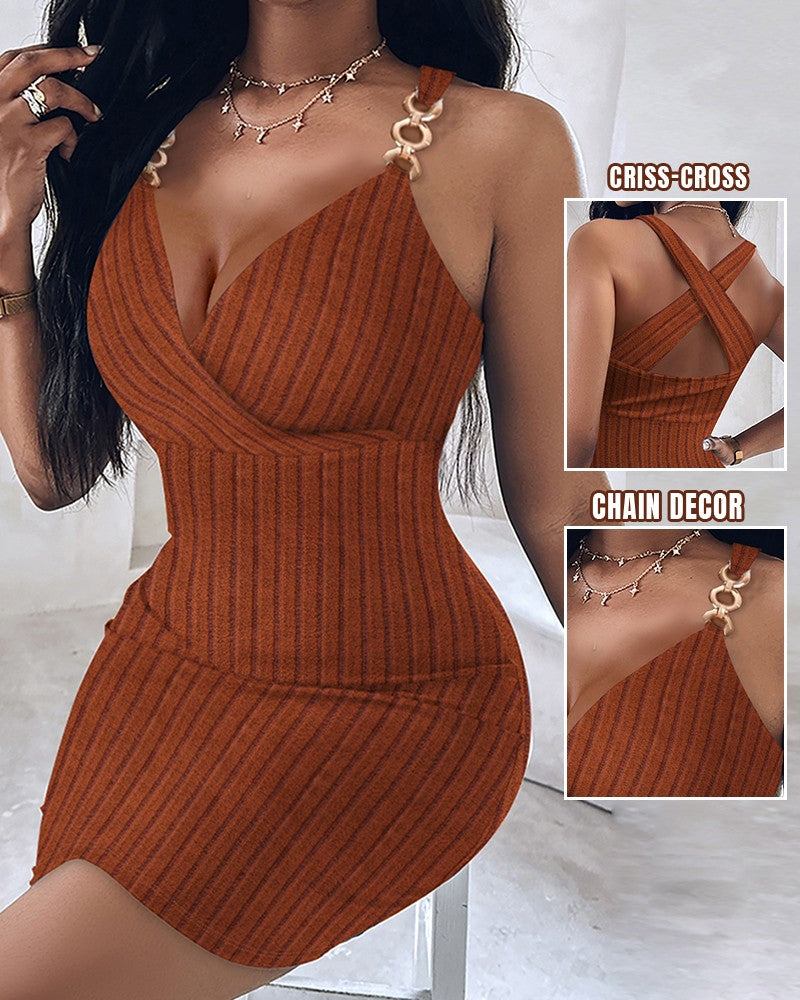 Chain Decor Criss Cross Ribbed Bodycon Dress