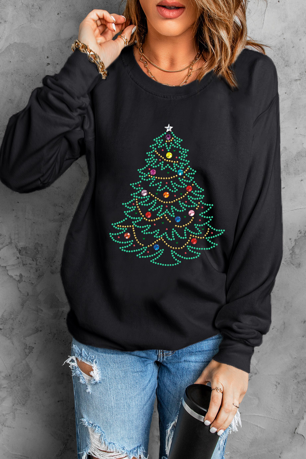 Black Rhinestone Christmas Tree Graphic Pullover Sweatshirt