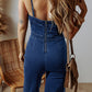 Sail Blue Seamed Zipper Spaghetti Strap High Waist Flared Jumpsuit