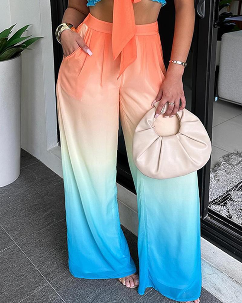 Ombre Shirred Frill Hem Crop Top & Pocket Design Pants Set