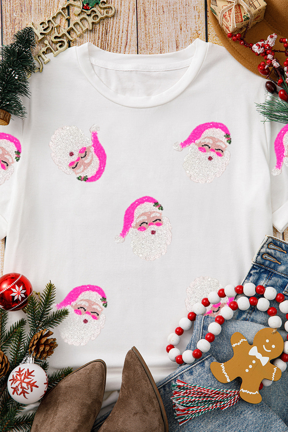 White Sequin Santa Clause Pattern Funny Christmas T Shirt