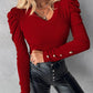 Puff Sleeve Button Decor Ribbed Top