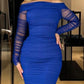 Off Shoulder Sheer Mesh Bodycon Dress Long Sleeve Ruched Midi Party Dress