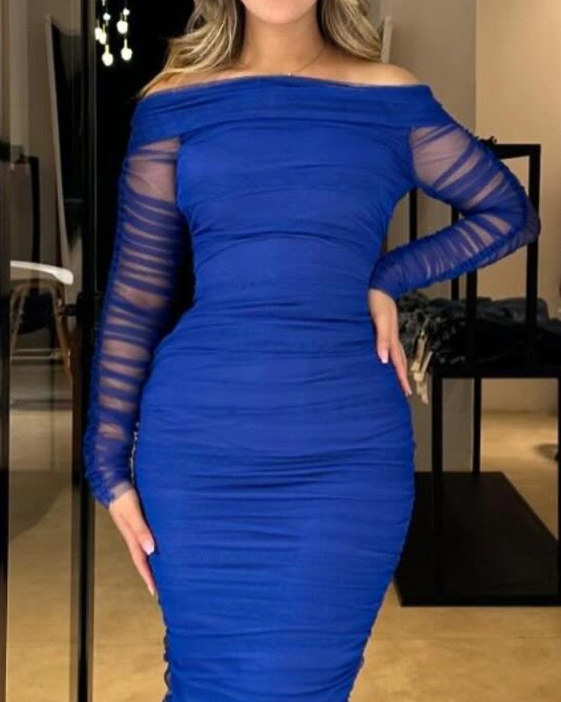 Off Shoulder Sheer Mesh Bodycon Dress Long Sleeve Ruched Midi Party Dress