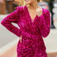 Pitaya Pink Velvet Sequin Long Sleeve V Neck Wrapped Mini Dress