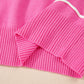 Bright Pink Corded Flower Bow Ribbed Trim Casual Sweater