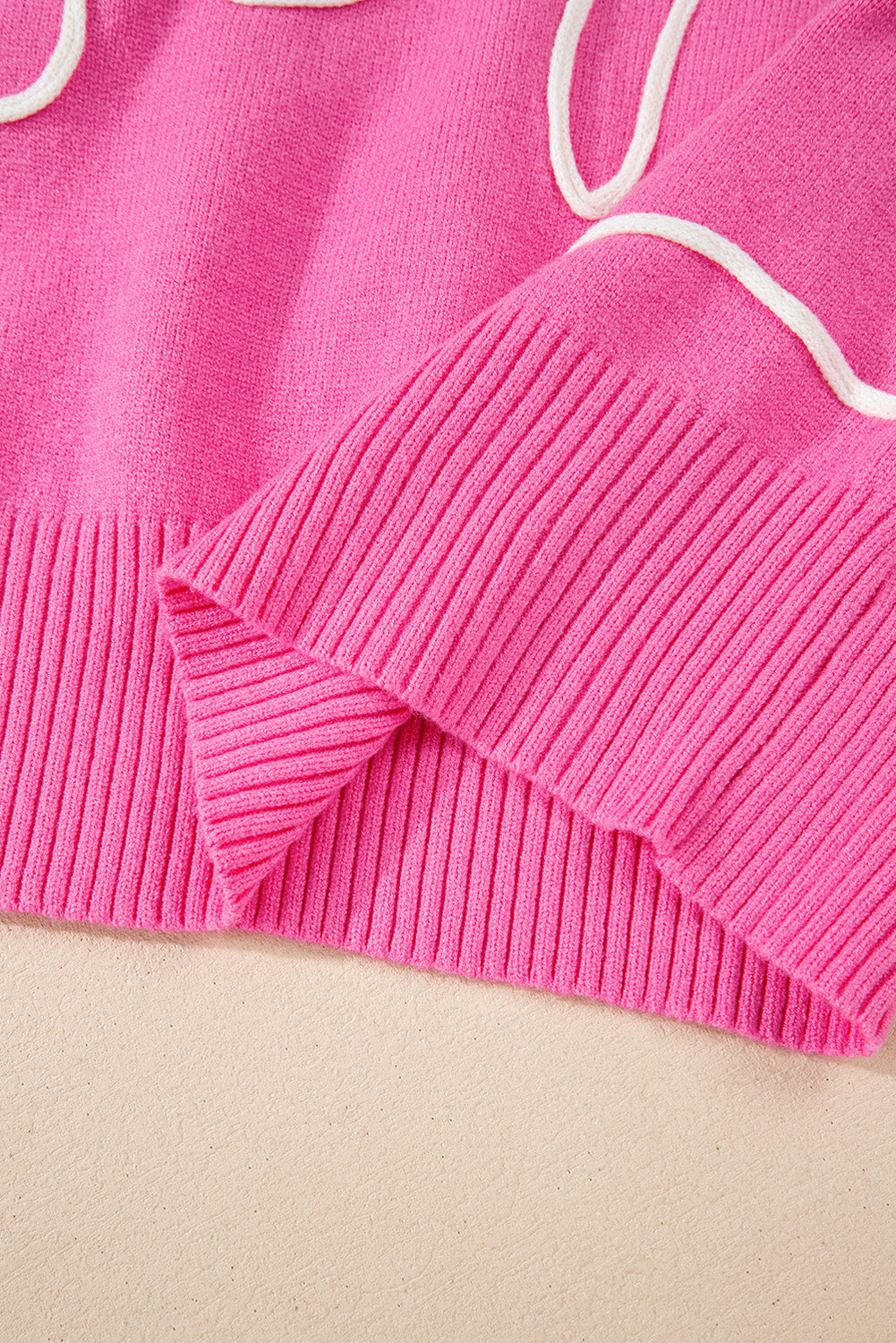 Bright Pink Corded Flower Bow Ribbed Trim Casual Sweater