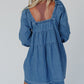 Dusk Blue Square Neck Side Pockets Loose Fit Denim Mini Dress