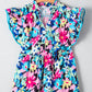 Blue Floral Flutter Sleeve Tied Notched Neck Plus Size Blouse