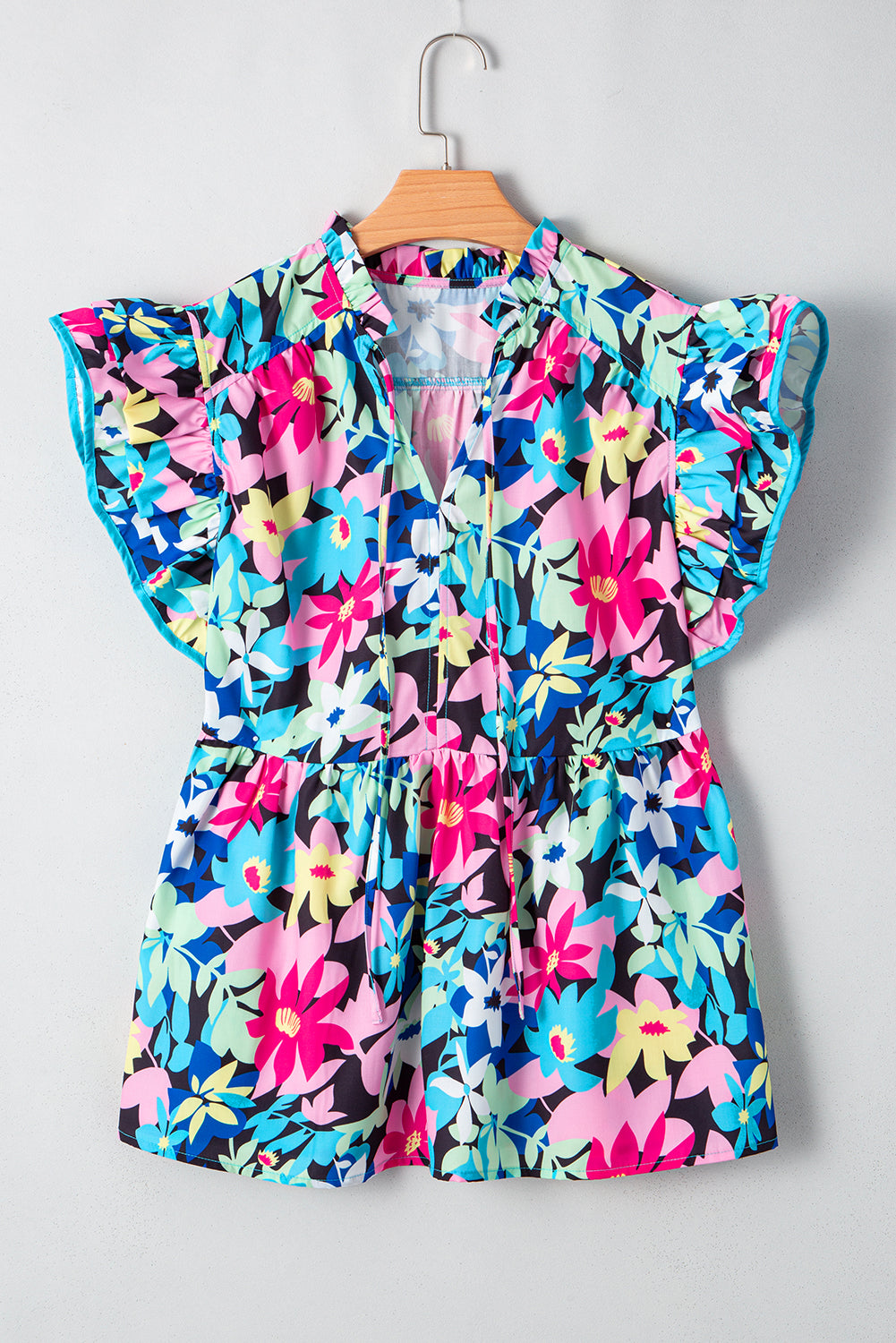 Blue Floral Flutter Sleeve Tied Notched Neck Plus Size Blouse