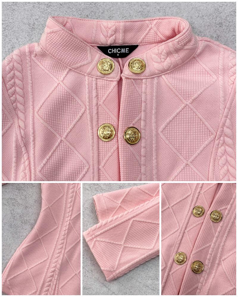 Argyle Cable Textured Stand Collar Metal Button Front Coat