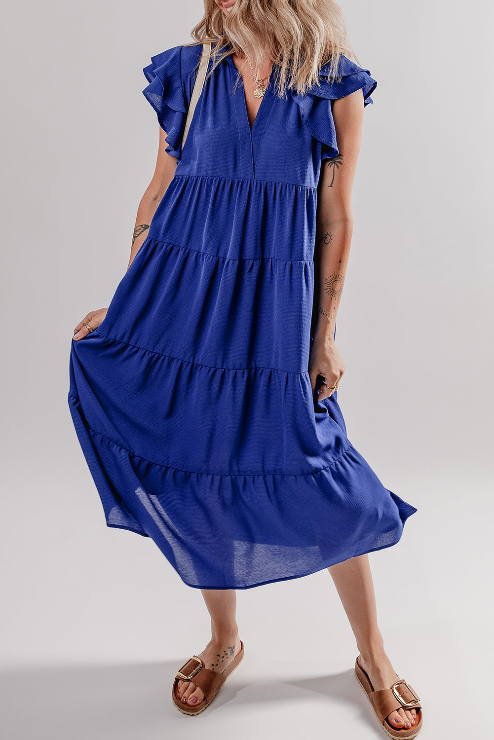 Bluing Ruffled Short Sleeve Collared V Neck Tiered Midi Dress