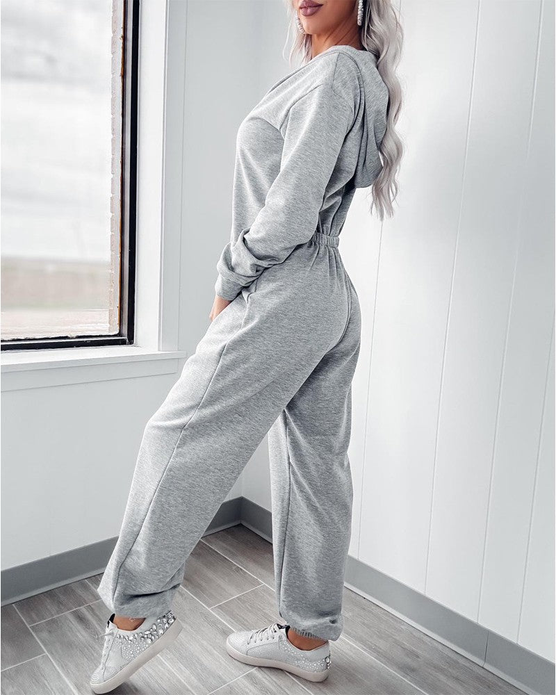 Hooded Kangaroo Pocket Design Stretchy Waist Cuffed Jumpsuit