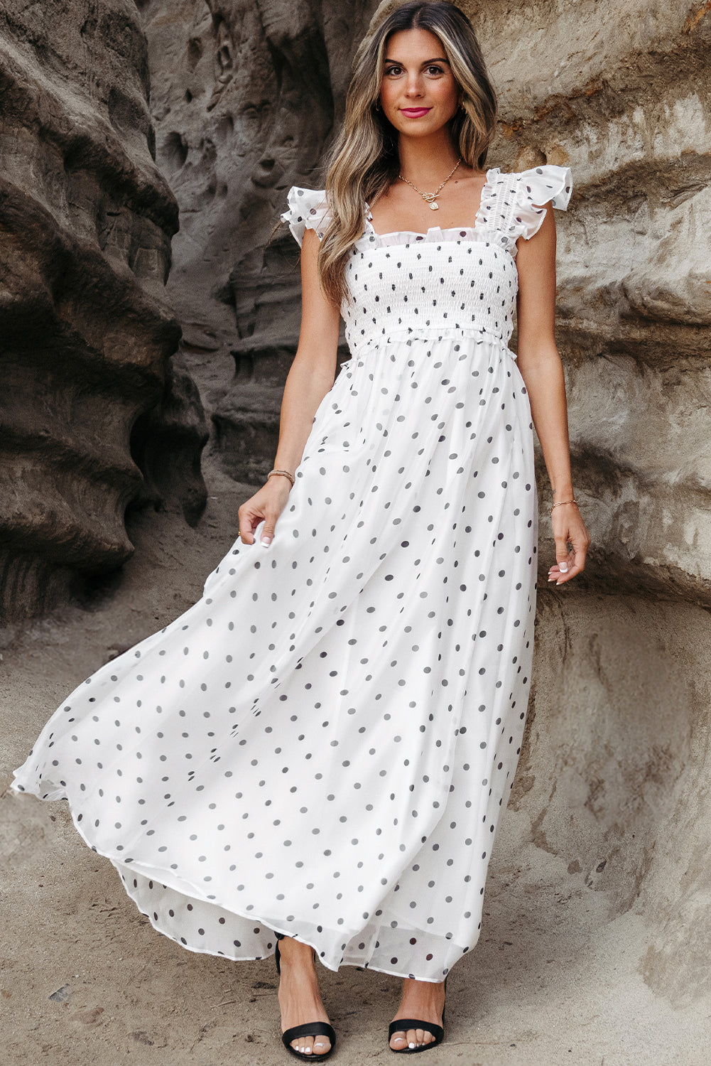 White Polka Dot Flutter Sleeve Square Neck Smocked Maxi Dress