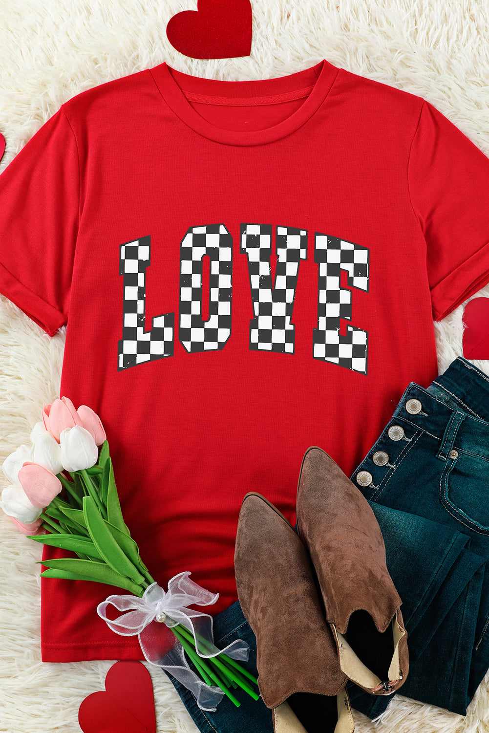 Red Checkered LOVE Letter Graphic Valentines T Shirt