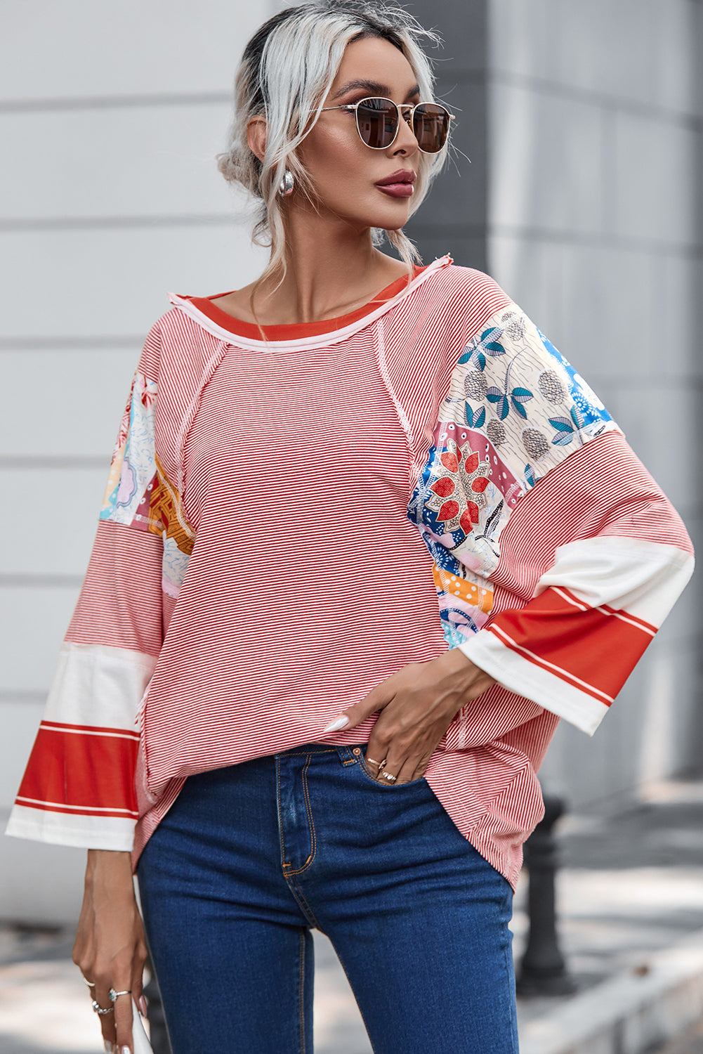 Fiery Red Pinstriped Color Block Patchwork Oversized Top