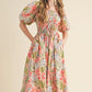 Apricot Pink Floral Smocked Bust Bubble Short Sleeve Maxi Dress