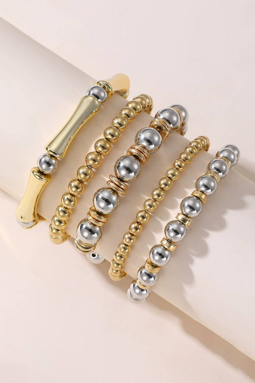 Gold 5Pcs Stackable Beaded Stretch Bracelets