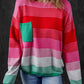 Rose Striped Knit Patch Pocket Drop Shoulder Sweater