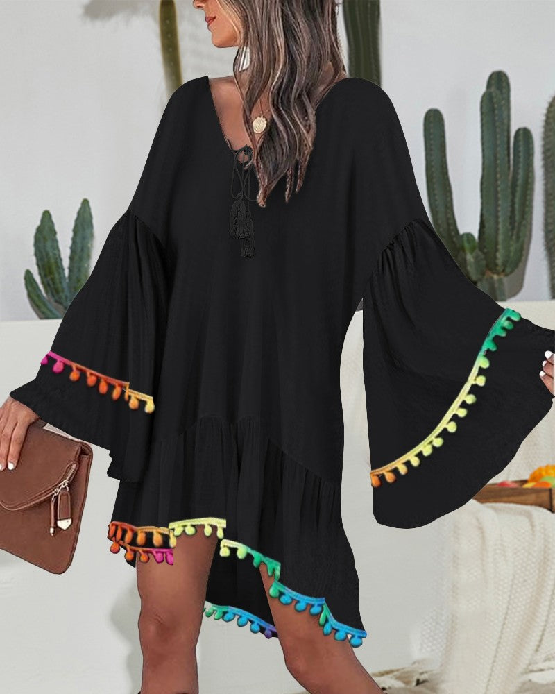 Colorblock V Neck Bell Sleeve A Line Tassel Mini Dress Vacation Dress