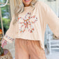 Beige Plus Size Flower Patched Side Slits Crewneck Top