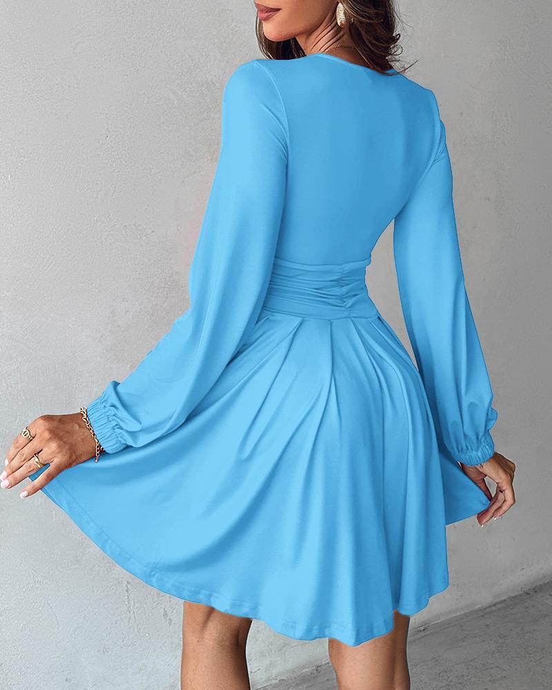 Plunge Neck Ruched A Line Flowy Dress Long Sleeve Casual Dress