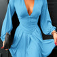 Plunge Neck Ruched A Line Flowy Dress Long Sleeve Casual Dress