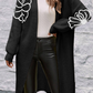 Black Flower Embroidered Drop Shoulder Open Front Duster Cardigan