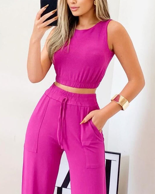 Sleeveless Crop Top & Drawstring Straight Leg Pants Set