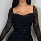 Glitter Long Sleeve Bodycon Dress Back Slit Slim Fit Contrast Lace Dress