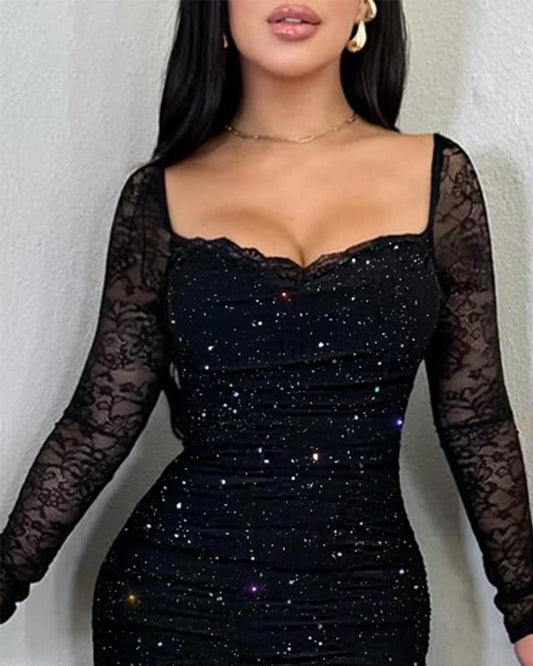 Glitter Long Sleeve Bodycon Dress Back Slit Slim Fit Contrast Lace Dress