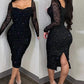 Glitter Long Sleeve Bodycon Dress Back Slit Slim Fit Contrast Lace Dress