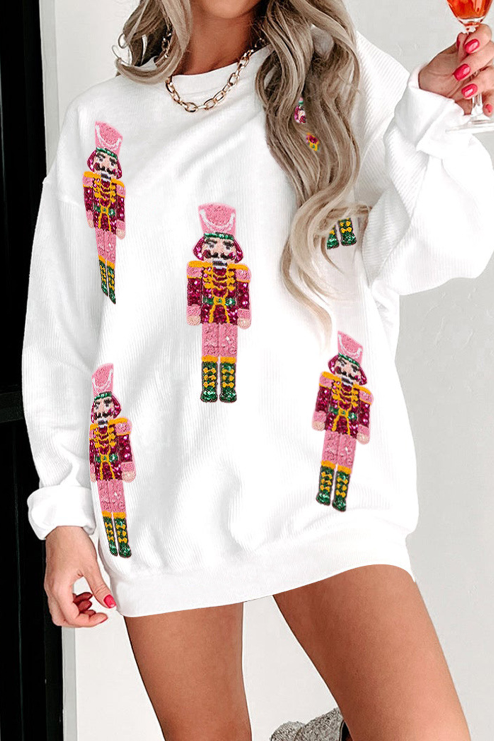 White Christmas Nutcracker Graphic Corded Baggy Sweatshirt