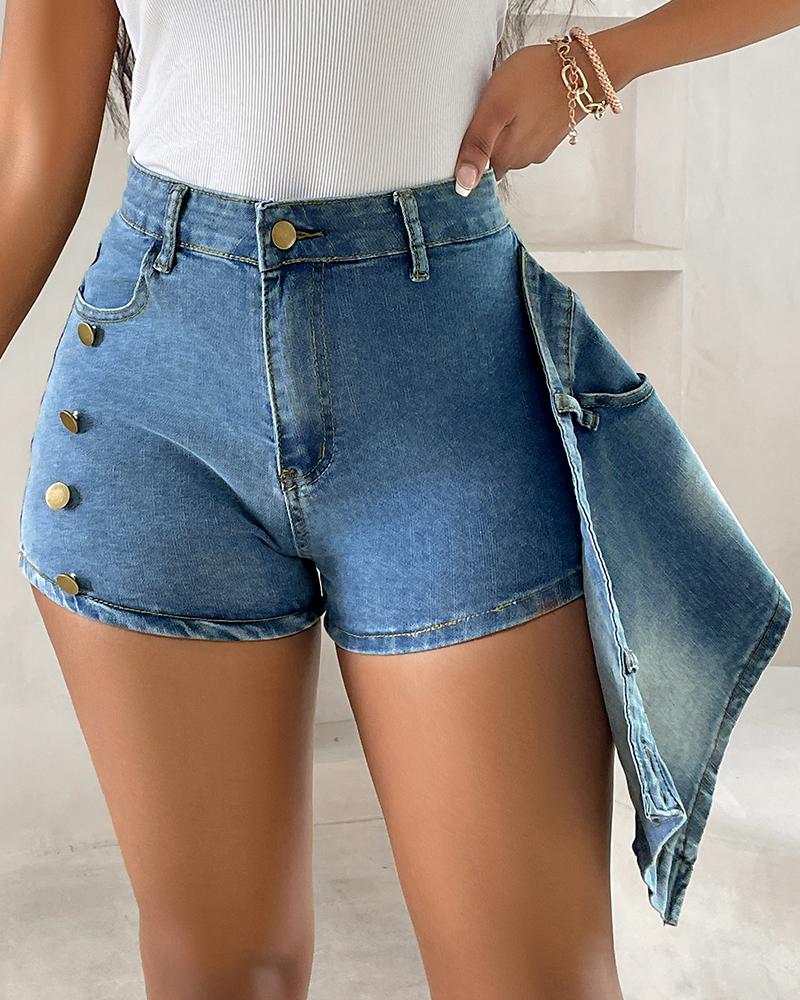 Pocket Design Buttoned Washed Asymmetrical Denim Skorts