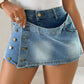 Pocket Design Buttoned Washed Asymmetrical Denim Skorts