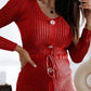 V Neck Long Sleeve Button Decor Drawstring Waist Knit Sweater Dress