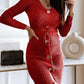 V Neck Long Sleeve Button Decor Drawstring Waist Knit Sweater Dress