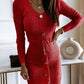 V Neck Long Sleeve Button Decor Drawstring Waist Knit Sweater Dress