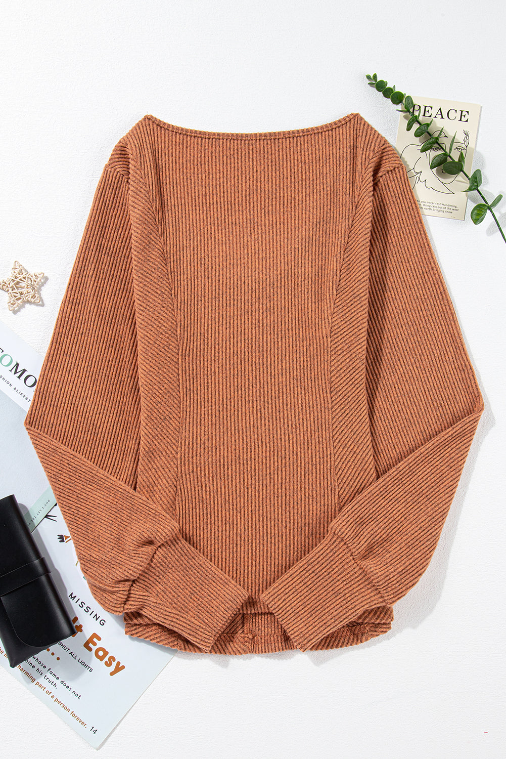 Brown U Neck Textured Long Sleeve Top