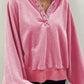 Pink Solid Snap Buttons Collared Balloon Sleeve Oversized Sweatshirt