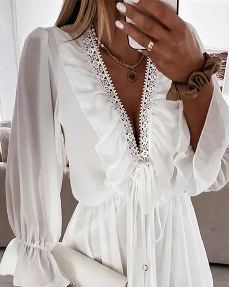 Lace Trim Ruffle Hem Plunge Chiffon A Line Dress