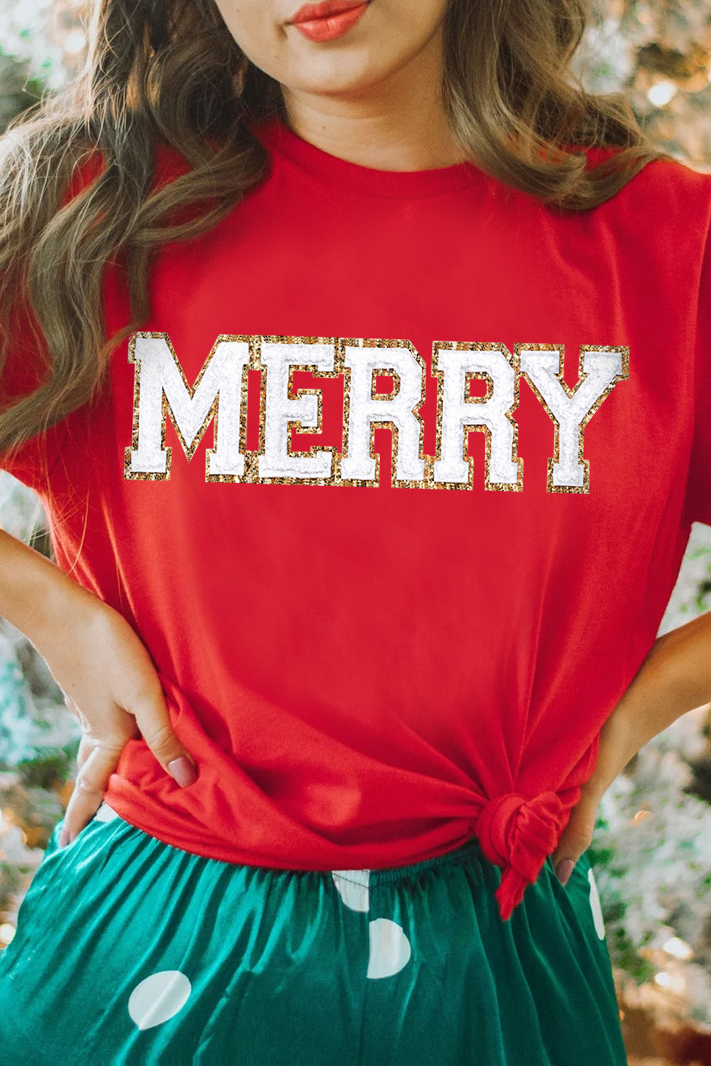 Red Christmas MERRY Graphic Cuffed Sleeve T Shirt