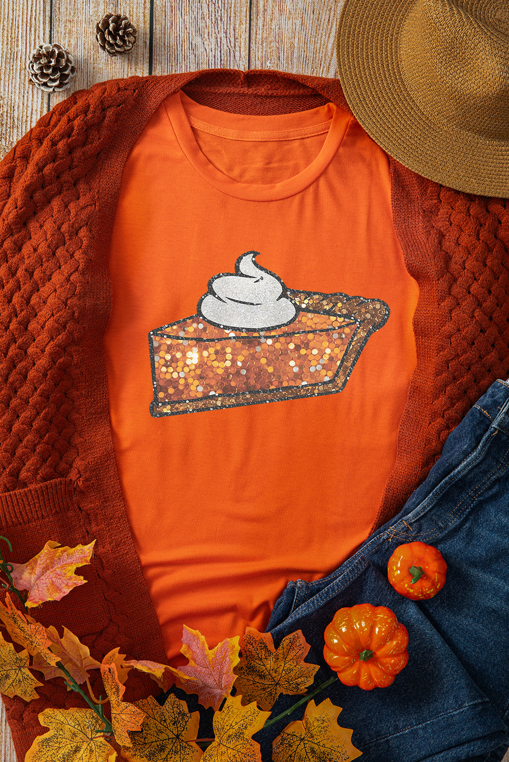 Orange Pumpkin Pie Graphic Cuffed Sleeve Crew Neck Tee