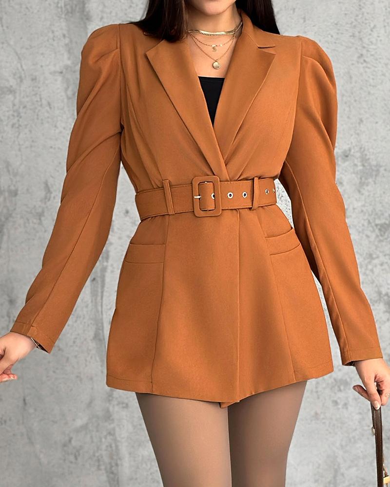 Notched Collar Puff Sleeve 2 in 1 Blazer Romper With Detachable Belt