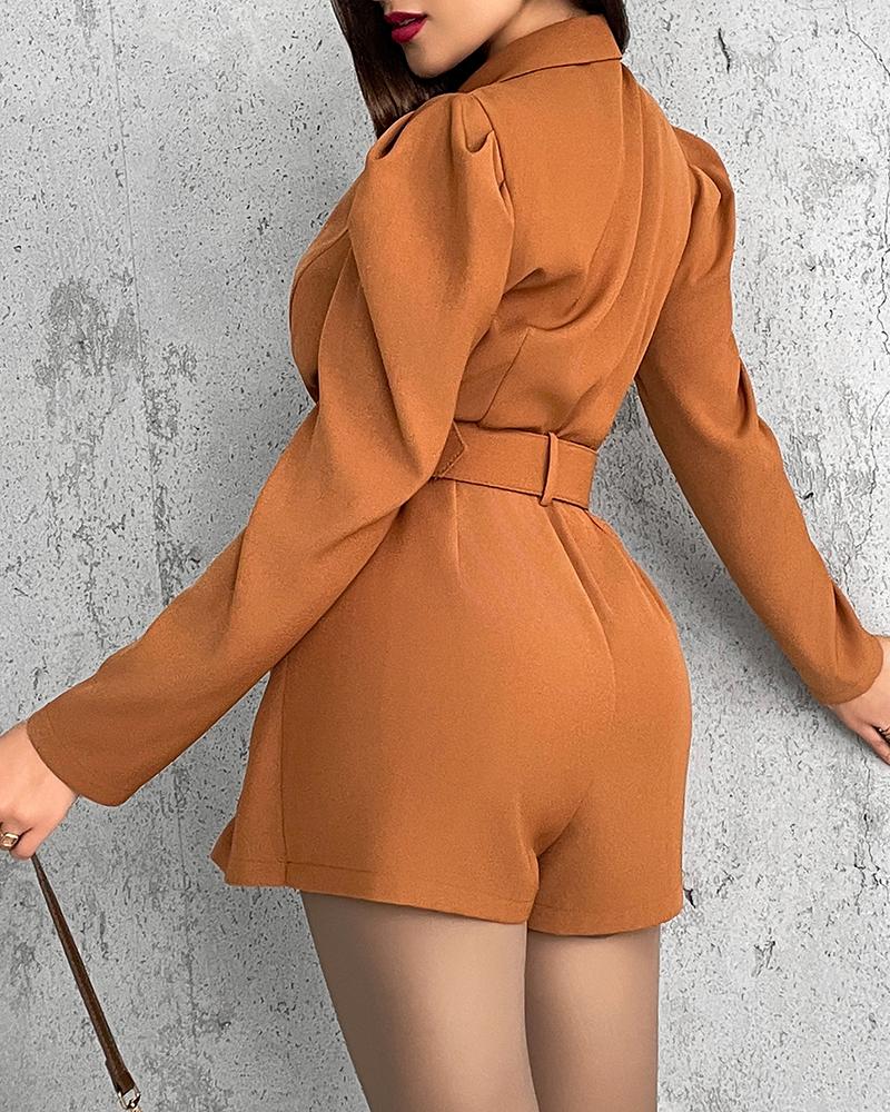 Notched Collar Puff Sleeve 2 in 1 Blazer Romper With Detachable Belt