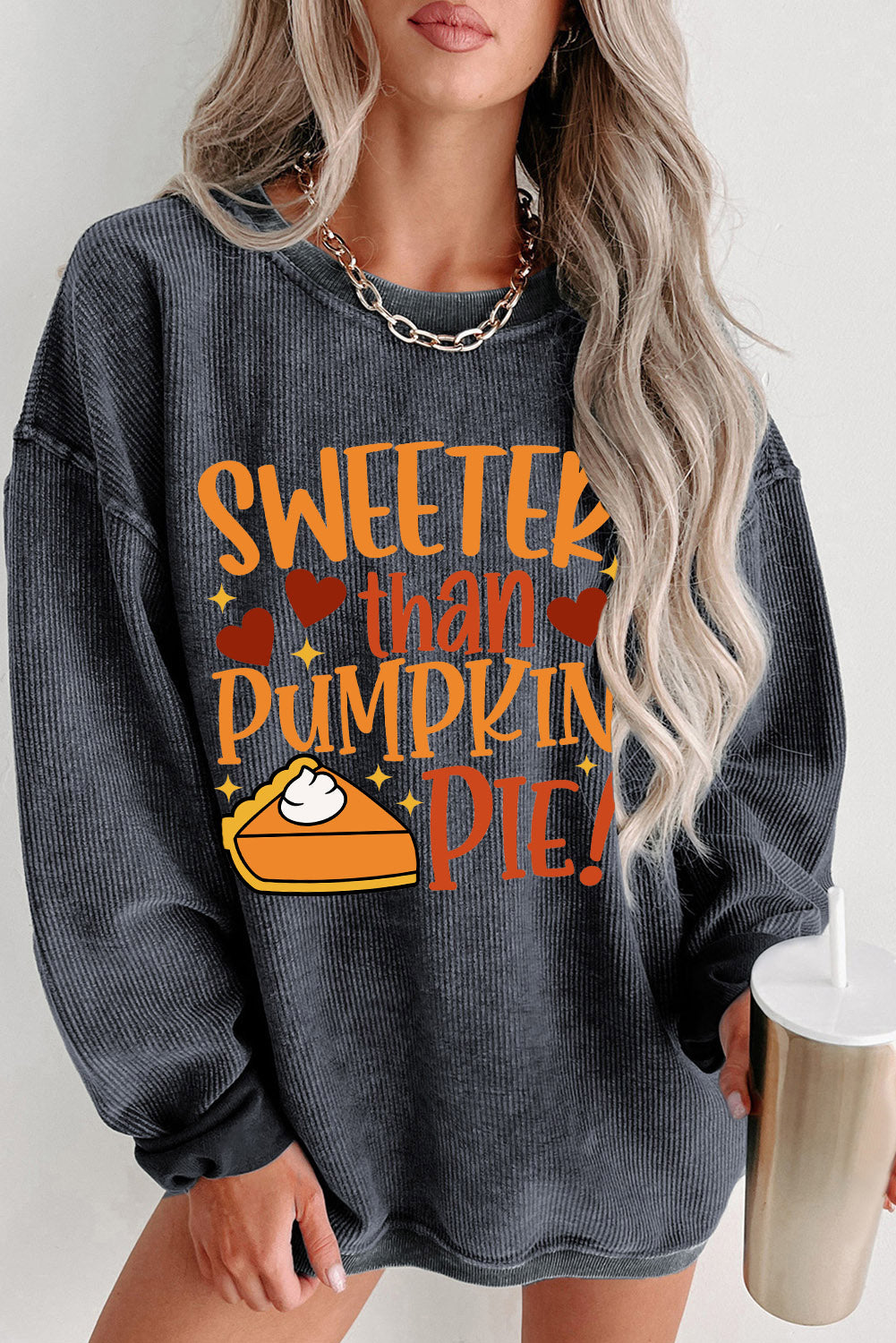 Gray Sweeter Than Pumpkin Pie Graphic Thanksgiving Corded Sweatshirt