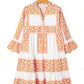 Orange Geometric Print Ruffle Tiered Button V Neck Dress